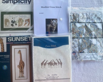 Vintage Out of Print (1990's) Cross Stitch Kits~~Jungle Animals~~Giraffes, Zebras, Koala, Tiger, Panda, Elephant~~Save Endangered Wildlife