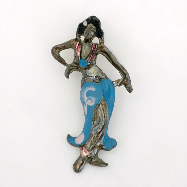 Pot Metal Brooch, Hula Dancer Pin, 40s Jewelry, Pink Blue Jewelry, Polynesian Jewelry, Hand Painted Brooch, Hawaiian Style Jewelry, Vintage