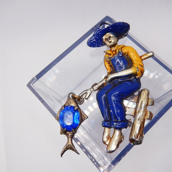 Vintage 1940s Bauman Massa Jlry Co. Boy Fishing Brooch Pin Dangling Paste Blue Retro Sweater Pin