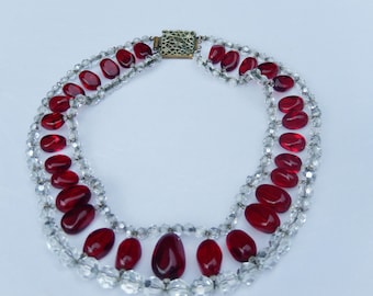 Vintage Louis Rousselet Gripoix Red and crystal Necklace Collier Poured Glass Paste Pate de Verre triple strand Miriam Haskell Chanel Rel