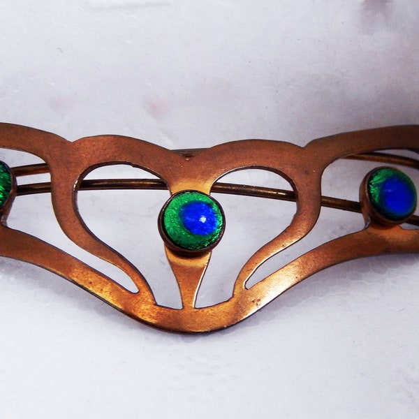 Antique Peacock Eye Foiled Glass and Brass Hairclip Barette Secessionist Bauhaus Art Nouveau 1900 Heart Jugendstil