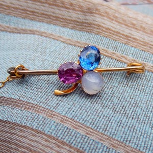 Antieke saffierklaver 14K gouden speld natuurlijke blauwroze robijn en stersaffier met 6 stralen jaren 1890 Lucky Shamrock-broche in doos
