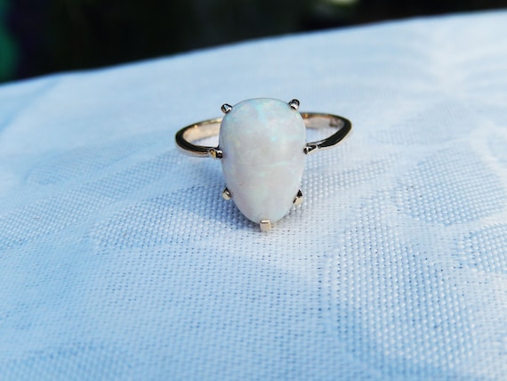 Vintage Solid Opal Solitaire Ring 9K Gold Oblong … - image 6