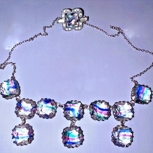 Vintage Art Deco Iris Glass Large Square Paste Necklace Chunky 1930s Rainbow Art Glass Decorative Clasp