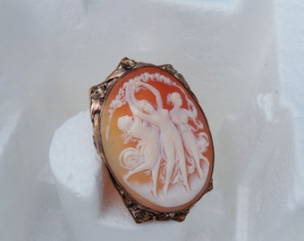 May include: A cameo brooch featuring three women carved in white on a shell background. The shell is a reddish-orange color and the brooch is set in a gold-toned metal frame with floral accents.