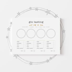Puede incluir: Un cuadro blanco de cata de ginebra con las palabras "gin tasting" en una fuente elegante. El cuadro incluye secciones para el aroma, la apariencia, el sabor y el final, con espacio para notas. Un borde decorativo en forma de estrella rodea el cuadro.