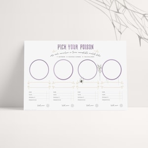 Peut inclure: Une impression blanche sur le thème d'Halloween avec le texte "PICK YOUR POISON" en violet. Elle comporte quatre cercles avec des lignes pour les notes, un graphisme d'araignée et les phrases "Name", "Taste", "Originality" et "Presentation".