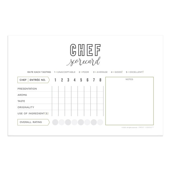 CHEF tasting scorecard | journal description card | instant download | iron chef | chopped | master chef | top chef