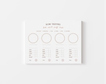 May include: A printable rum tasting sheet with four sections for rating the colour, aroma, flavour, body, balance, and total score of each rum. The sheet has the title "RUM TASTING" and the text "look, swirl, sniff, taste".