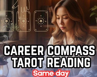 May include: An image promoting a career compass tarot reading. The text "CAREER COMPASS TAROT READING" is displayed in bold white letters with a black outline. The words "Same day" are in red. A woman is looking down at a table with tarot cards.