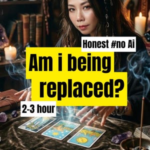 May include: An image of a woman with tarot cards, crystals, and candles. Text on a yellow background reads "Am i being replaced?" and "2-3 hour". The text "Honest #no Ai" is also present.