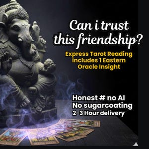 May include: Image promoting an express tarot reading. The image features a gray statue of a deity, tarot cards, and text that reads "Can I trust this friendship?" and "Honest # no AI". The image has a dark background with blue smoke.