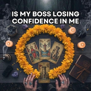 Puede incluir: Una configuración de lectura de cartas del tarot con el texto "IS MY BOSS LOSING CONFIDENCE IN ME". La escena incluye cartas del tarot, flores amarillas, velas y un libro. Las cartas están dispuestas en un círculo de flores amarillas.