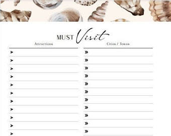 Puede incluir: Una lista de verificación imprimible con el título "MUST Visit" y encabezados para "Atracciones", "Ciudades/Pueblos" y "Comida/Restaurantes". La lista de verificación está decorada con un patrón de acuarela de conchas marinas.