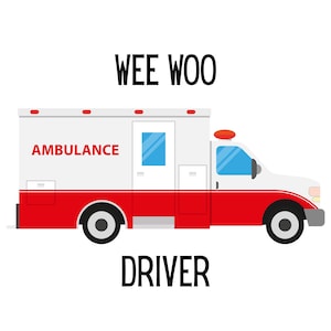 Puede incluir: Una ambulancia roja y blanca con la palabra "AMBULANCE" en texto rojo en el lateral. La imagen también incluye las palabras "WEE WOO" y "DRIVER" en texto negro.