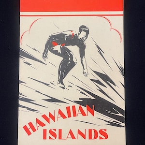 May include: A rectangular poster featuring a cream background with a red border at the top and bottom. A black graphic illustration depicts a person surfing on a wave. The red text at the bottom reads HAWAIIAN ISLANDS, with the artist signature A. MACLEOD.