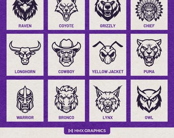 HMX Maskottchen Band 3 | Anpassbare SVG- und PNG-Dateien | Mannschaften, Schulen, Vereine, Esports | 12 Maskottchen Bündel | Rabenkrieger Puma Cowboy