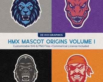 HMX Mascot Origins Volume 1 | Arquivos SVG e PNG personalizáveis | Times esportivos, escolas, clubes, eSports | Leão, Raptor, Gorila, Pirata