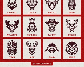 HMX Maskottchen Band 1 | Anpassbare SVG- und PNG-Dateien | Mannschaften, Schulen, Vereine, Esports | 12 Maskottchen Bündel | Kardinal Viking Jaguar Seminole