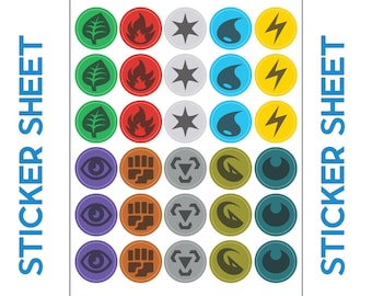 Poke Ball Energy Sticker Sheet | Pokemon Stickers | Energy Stickers | Pokemon Energy | Grass, Fire, Colorless, Water, Lightning Stickers