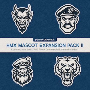 HMX Mascotte Uitbreidingspakket 2 | Aanpasbare SVG- en PNG-bestanden | Sportteams, scholen, clubs, e-sports | Duivelgeneraal Highlander Sabretooth