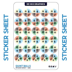 May include: A sticker sheet with 36 round stickers featuring different combinations of four symbols: a sun, a water drop, a tree, and a skull. The stickers are arranged in six rows of six stickers each. The sheet is white with a blue border and the text "Quint Balls Sticker Sheet - 005" at the bottom.