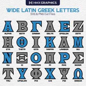 breit Lateinisches griechisches digitales Alphabet Sofortiger Download (PNG- und SVG-Dateien) | Dateien mit griechischen Buchstaben | Bruderschaftsbriefe | Schwesternschaft Briefe