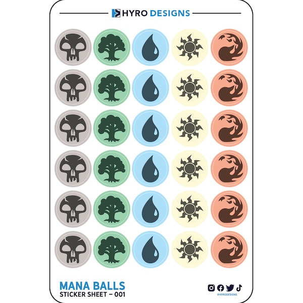 Mana Balls Sticker Sheet | MTG Stickers | Magic The Gathering Stickers | Swamp, Forest, Island, Plains, Mountain Stickers | MTG Labels