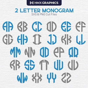 May include: A set of 26 monogram designs featuring two letters in a circle. The letters are in a gray and blue color scheme. The designs are perfect for creating personalized gifts, home decor, and more.