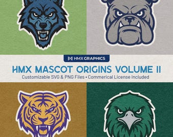 HMX Mascot Origins Volume 2 | Arquivos SVG e PNG personalizáveis | Equipes esportivas, escolas, clubes, eSports | Lobo, Buldogue, Tigre, Águia