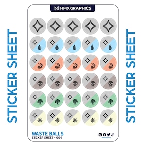 May include: A sticker sheet with 20 round stickers featuring different symbols. The symbols include a diamond, a teardrop, a wave, a skull, a tree, and a sun. The stickers are arranged in five rows of four stickers each. The sticker sheet is labeled "Waste Balls Sticker Sheet - 004".