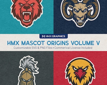 HMX Mascot Origins Volume 5 | Arquivos SVG e PNG personalizáveis | Equipes esportivas, escolas, clubes, eSports | Urso, Carneiro, Cavaleiro, Falcão