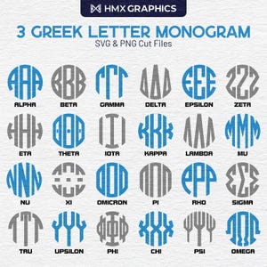 3 monogramas circulares con letras griegas para descargar al instante (archivos PNG y SVG) / Archivos de corte con letras griegas / Letras de fraternidades / Letras de hermandades