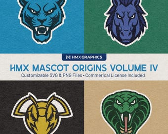 HMX Mascot Origins Volume 4 | Arquivos SVG e PNG personalizáveis | Equipes esportivas, escolas, clubes, eSports | Pantera, Mustang, Hornet, Cobra