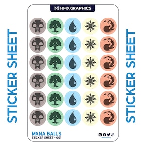 May include: A sticker sheet with 30 round stickers featuring different colored mana symbols from the Magic: The Gathering trading card game. The symbols include black, green, blue, red, and white. The sheet is labeled "Mana Balls Sticker Sheet - 001".