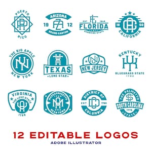 May include: Twelve editable logos in a teal blue color scheme. Each logo features a state abbreviation and name, with some including additional details like a star or a state motto. The logos are arranged in a grid pattern on a white background.