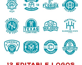 Modelos de logotipos com monogramas dos EUA | 12 logotipos estaduais personalizáveis | Download digital instantâneo para Adobe Illustrator | Logotipos e designs dos EUA
