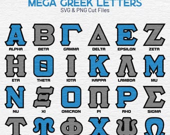 Puede incluir: Un conjunto de 24 archivos de corte SVG y PNG de letras griegas. Las letras están en una fuente en negrita, de bloque y están delineadas en negro. Las letras están en colores azul y gris. Las letras están dispuestas en cuatro filas de seis letras cada una. Las letras están etiquetadas con sus nombres griegos correspondientes.