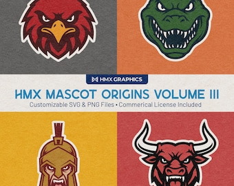 HMX Mascot Origins Volume 3 | Arquivos SVG e PNG personalizáveis | Equipes esportivas, escolas, clubes, eSports | Gavião Jacaré Touro Espartano