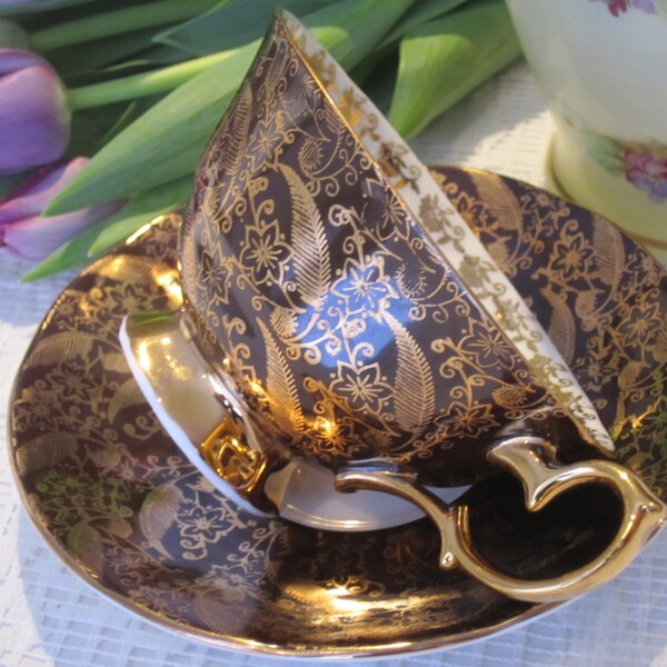 Souveräne elisabethanischen Staffordshire Hand verziert, Fine Bone China Teetasse und Untertasse Set, Vintage Geschirr serviert