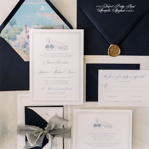 ELEANOR | Custom Venue Illustration 4 Piece Wedding Invitations, Elegant Style Wedding Invitation