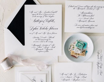 KATHRYN | Custom Traditional Script 3 Piece Wedding Invitations, Elegant Style Wedding Invite, Printed Wedding Invite, Calligraphy Invite