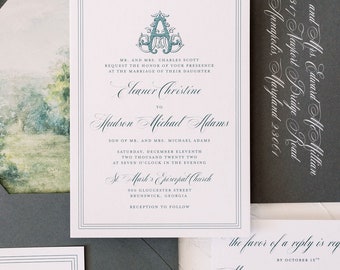 ELEANOR | Custom Monogram Illustration 3 Piece Wedding Invitations, Elegant Style Wedding Invitation, Printed Wedding Invitations