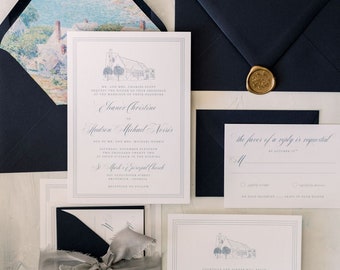 ELEANOR | Custom Venue Illustration 4 Piece Wedding Invitations, Elegant Style Wedding Invitation