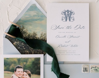 DANIELLE | Traditional Simple Calligraphy Monogram Save The Date with Photo