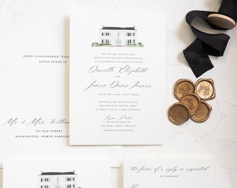 DANIELLE | Custom Venue Illustration 3 Piece Wedding Invitations, Elegant Style Wedding Invitation, Printed Wedding Invitations