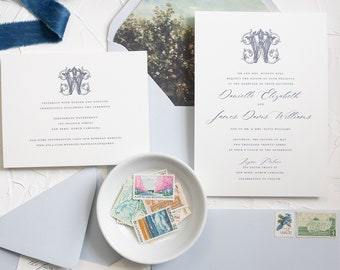 DANIELLE | Custom Monogram Illustration 3 Piece Wedding Invitations, Elegant Style Wedding Invitation, Printed Wedding Invitations