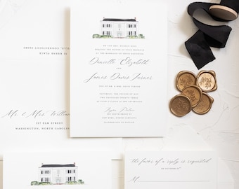 DANIELLE | Custom Venue Illustration 4 Piece Wedding Invitations, Elegant Calligraphy Wedding Invitation, Timeless Wedding Invitation