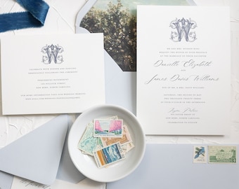 DANIELLE | Couple's Monogram 4 Piece Wedding Invitation, Monogrammed Invitation Suite, Heirloom Style Wedding Invitations, Timeless Wedding