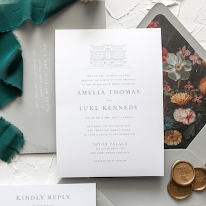 AMELIA | Custom Venue Illustration 4 Piece Wedding Invitations, Classic Style Wedding Invitation, Modern Elegant Wedding Invitation